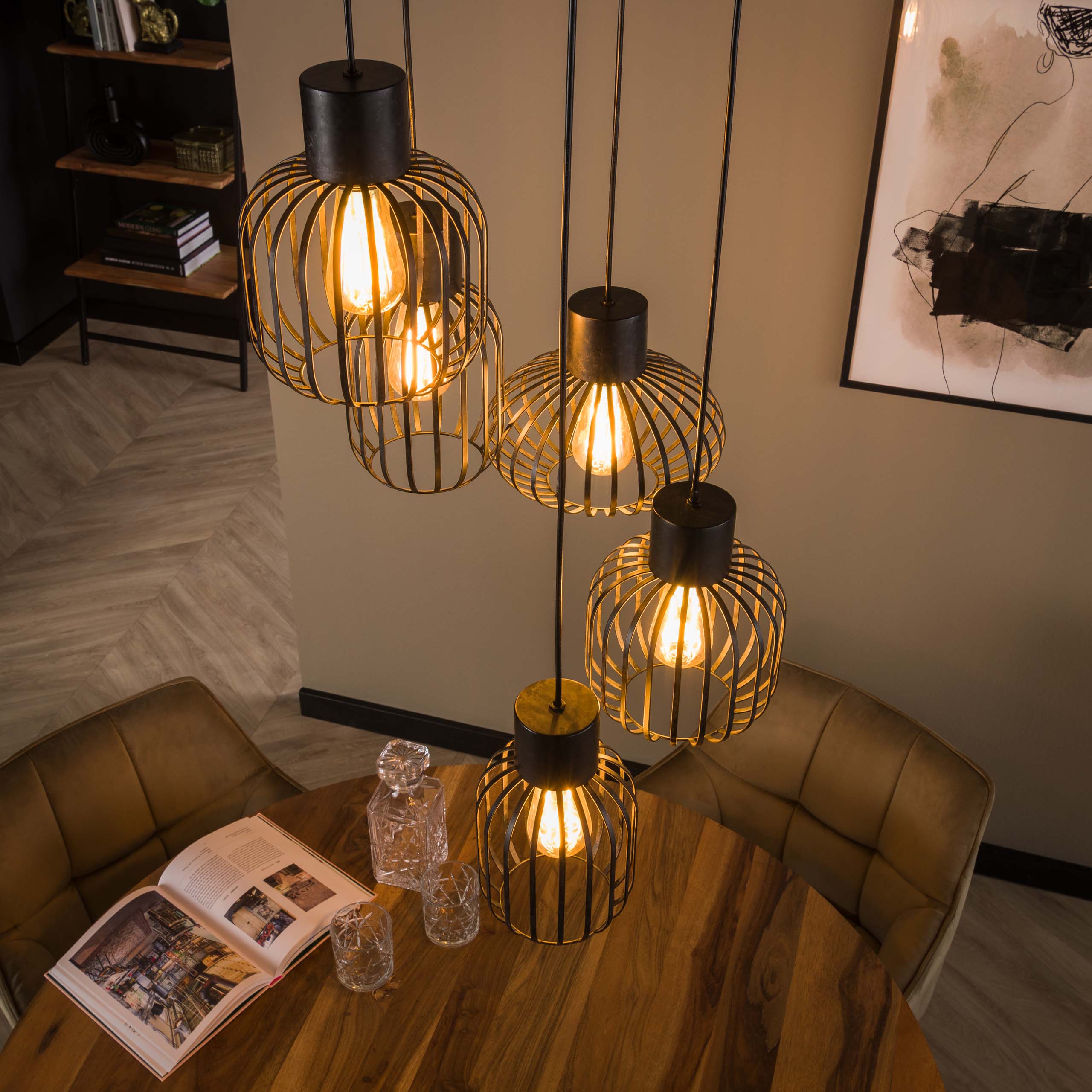 Pendelleuchter „Valeris“ – Gestuft mat 5 Luuchten aus anthrazitfaarwege Metallgitter