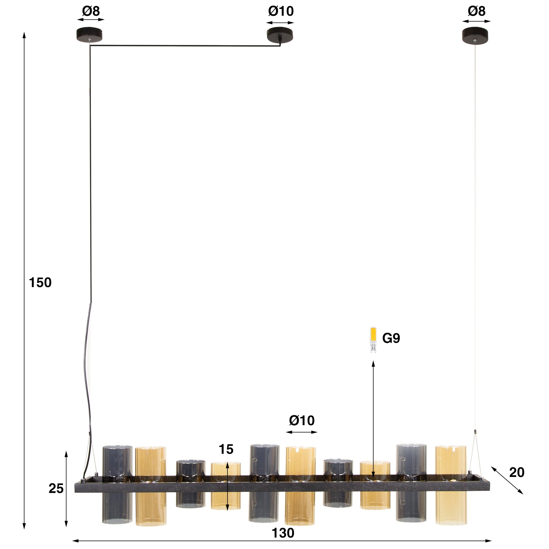 Pendelleuchter "Calivon" – 10 zylindresch Glaschiermer an Bernstein- a Chromoptiq