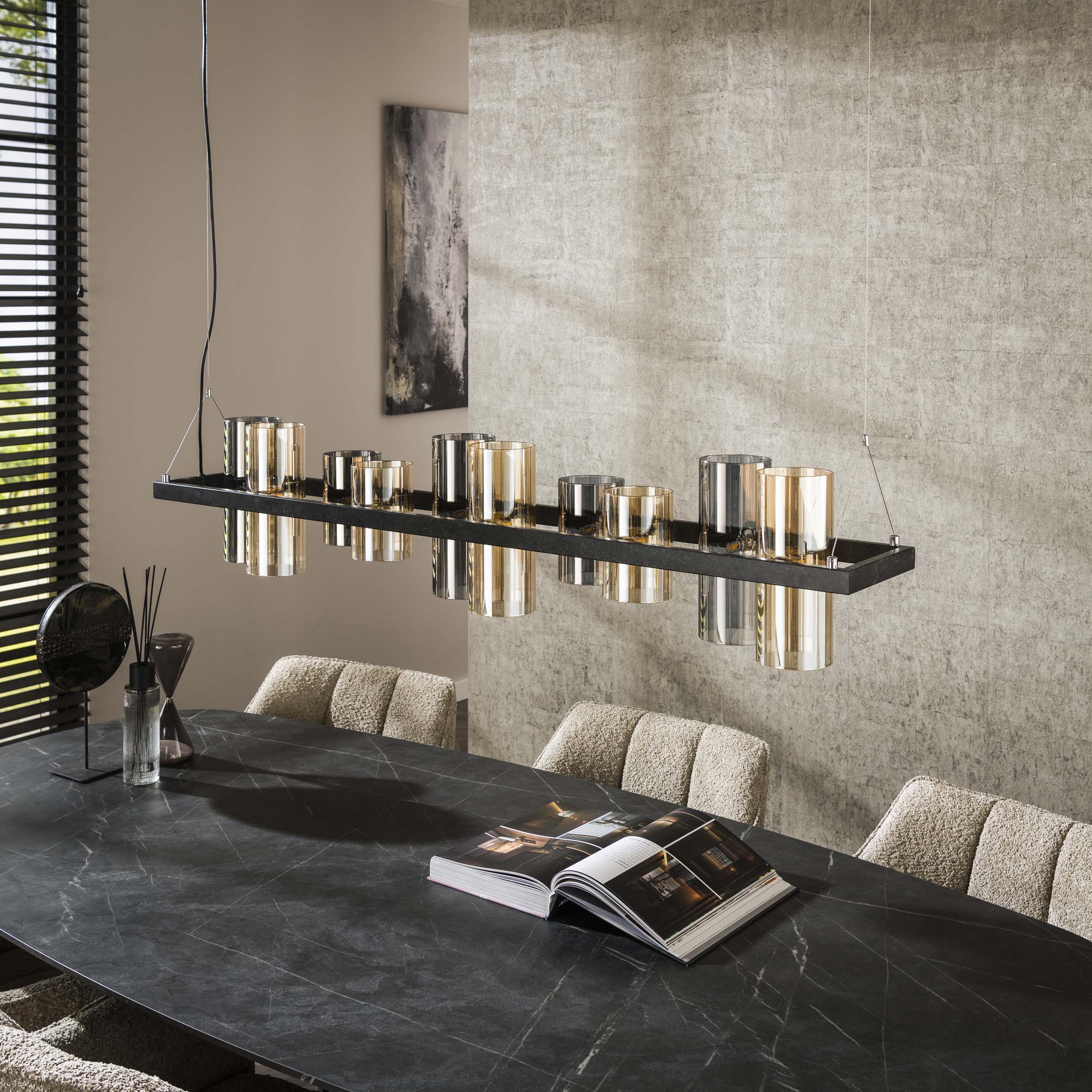 Pendelleuchter "Calivon" – 10 zylindresch Glaschiermer an Bernstein- a Chromoptiq