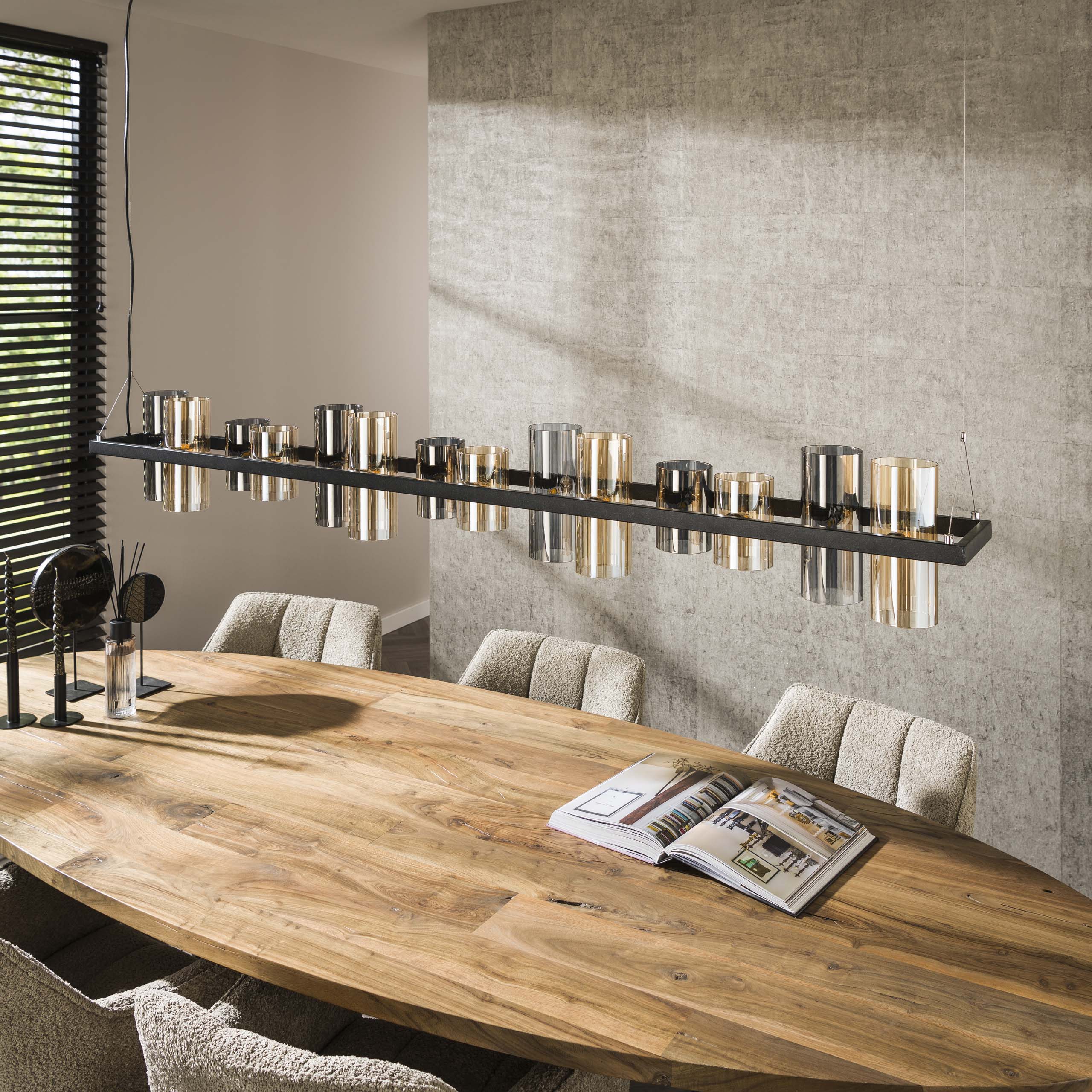 Pendelleuchte "Melvira“ – 14 zylindrische Glasschirme in Bernstein- und Chromoptik