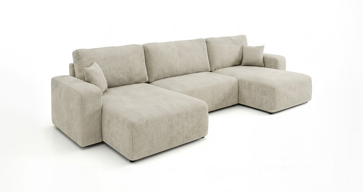 Designer-Sofa Noma U mat Schloffunktioun a Stauraum aus Cord