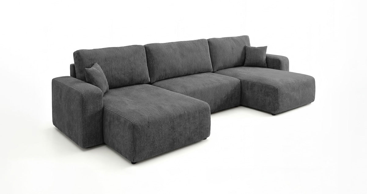 Designer-Sofa Noma U mat Schloffunktioun a Stauraum aus Cord