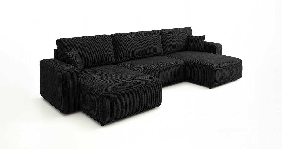 Designer-Sofa Noma U mat Schloffunktioun a Stauraum aus Cord