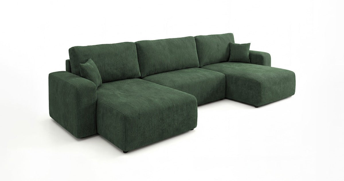 Designer-Sofa Noma U mat Schloffunktioun a Stauraum aus Cord