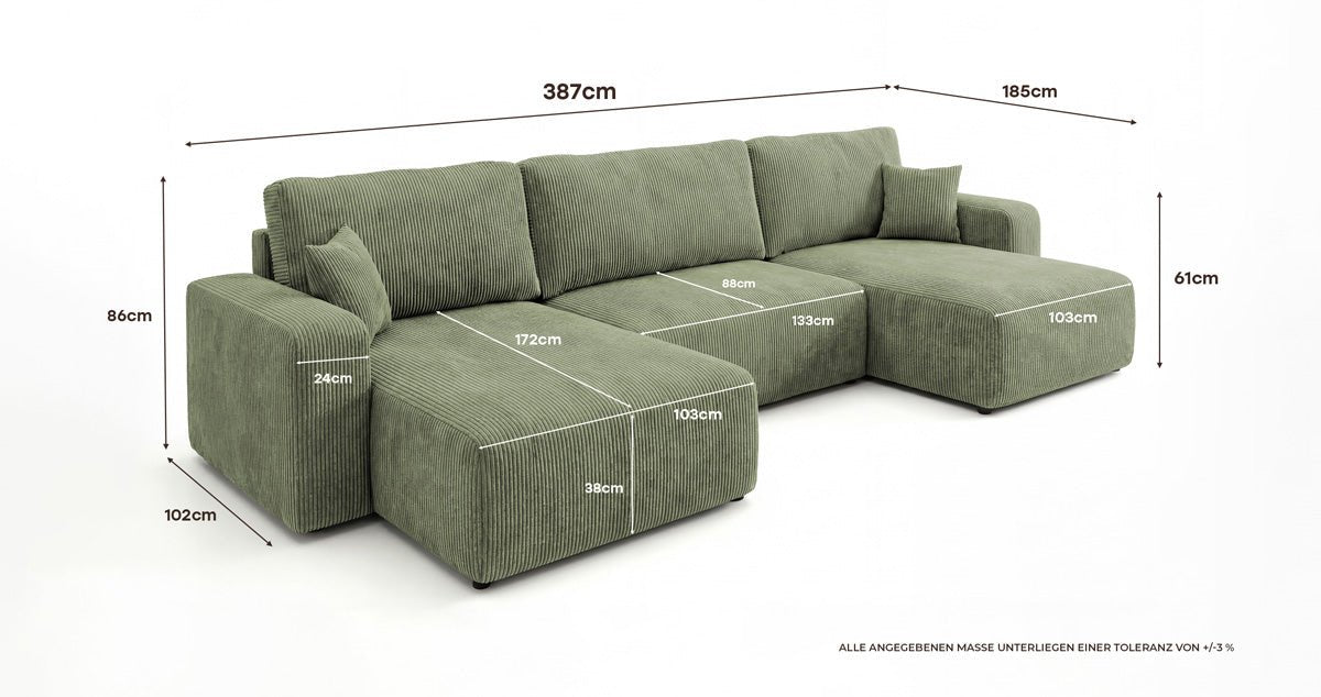 Designer-Sofa Noma U mat Schloffunktioun a Stauraum aus Cord
