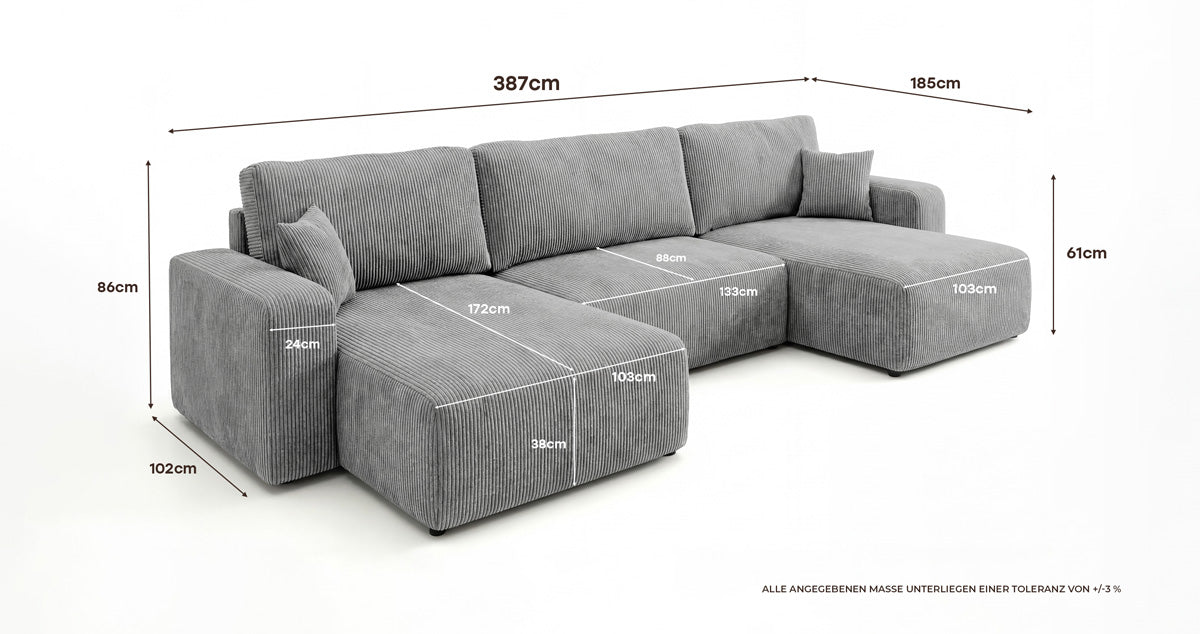 Designer-Sofa Noma U mat Schloffunktioun a Stauraum aus Cord