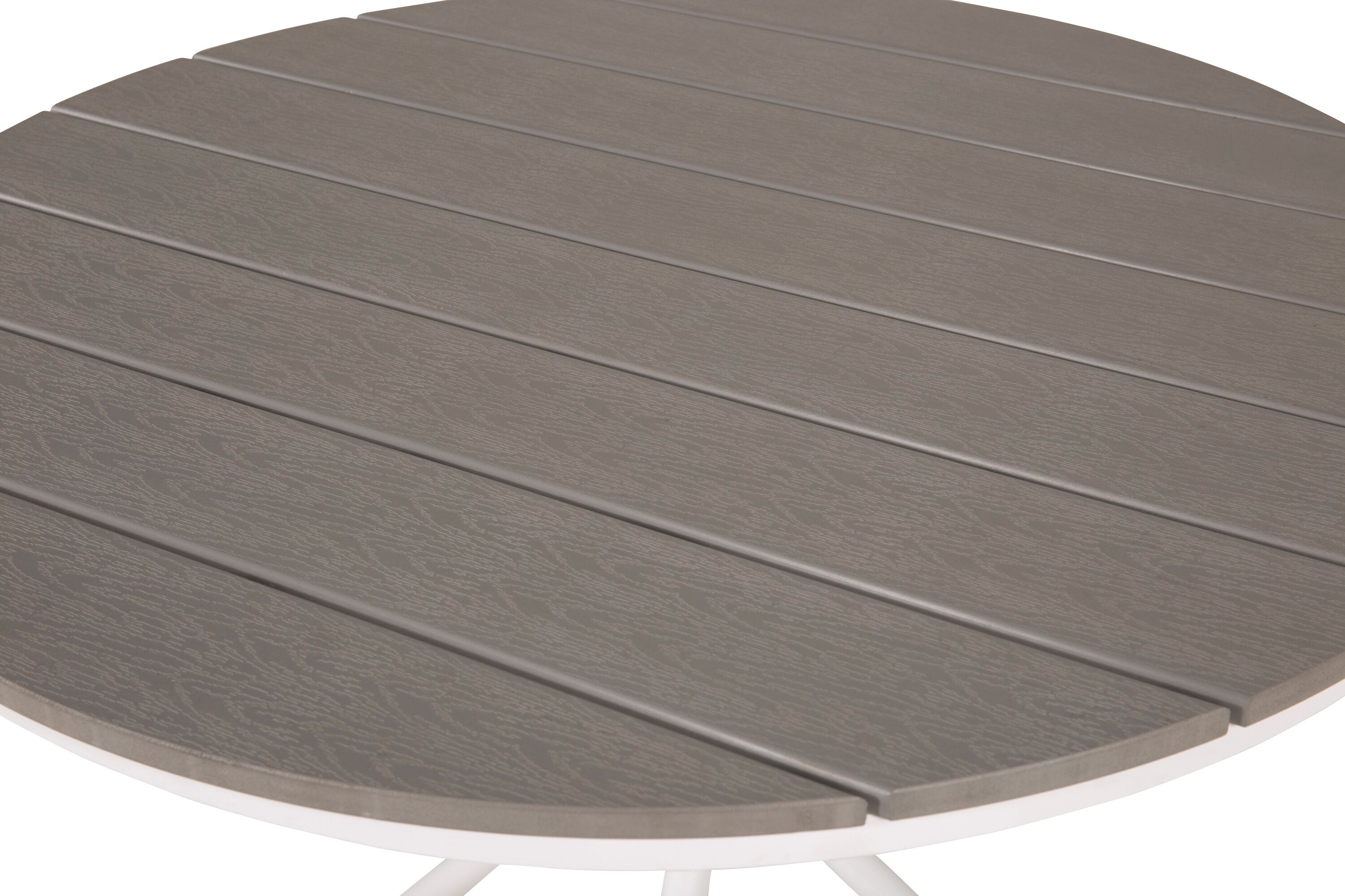 Gartentisch Malari - en ronnen Iessdësch mat Aintwoodtischplatte an engem Metallgestell