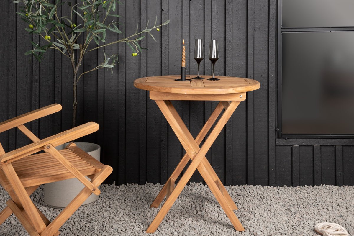 Gartentisch Mali - e ronnen Café-Dësch aus Teakholz mat Klappfunktioun