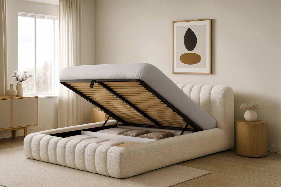 Designer Polsterbett Selene Bouclé mit Stauraum