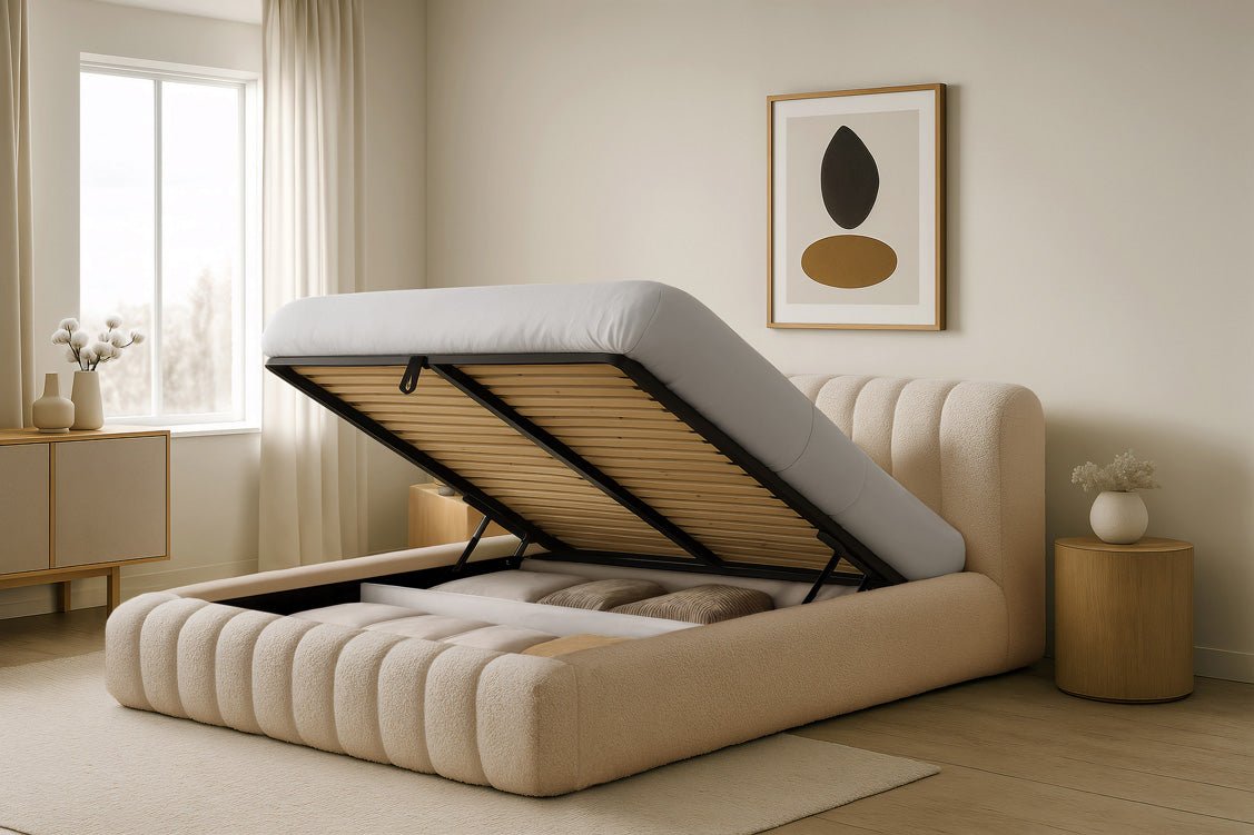 Designer Polsterbett Selene Bouclé mit Stauraum