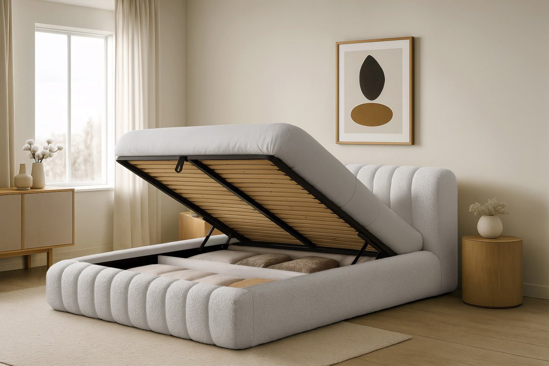 Designer Polsterbett Selene Bouclé mit Stauraum