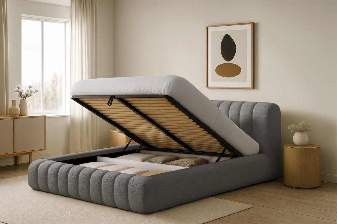 Designer Polsterbett Selene Bouclé mit Stauraum
