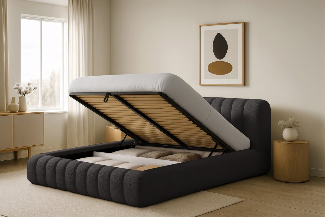 Designer Polsterbett Selene Bouclé mit Stauraum