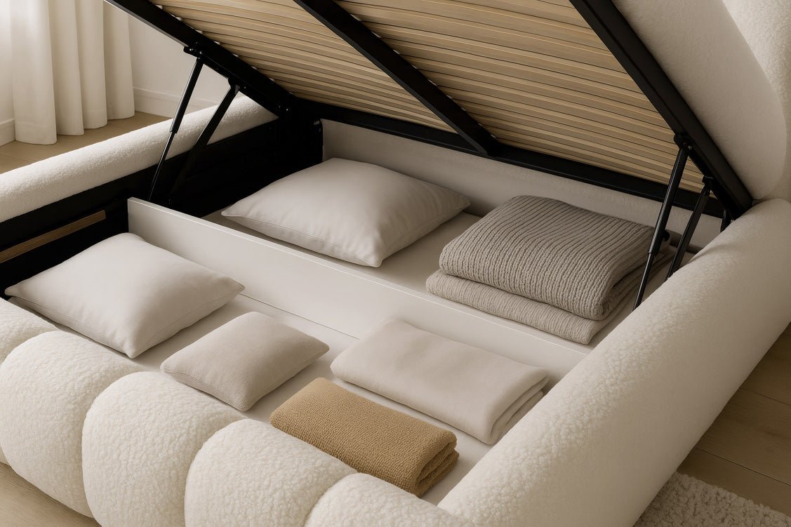 Designer Polsterbett Selene Bouclé mit Stauraum