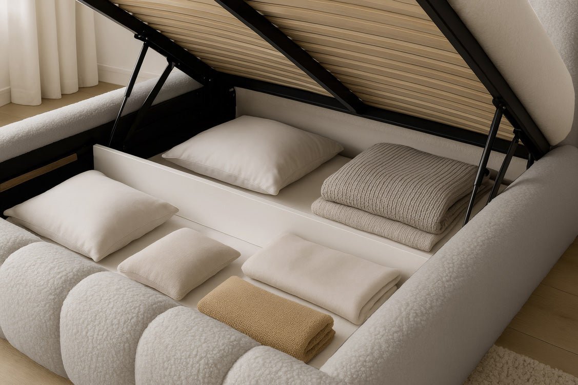 Designer Polsterbett Selene Bouclé mit Stauraum