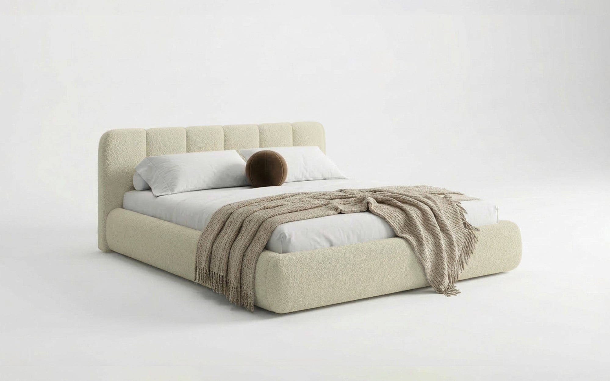 Designer-Polsterbett Avelo am Bouclé mat Späicherplaz