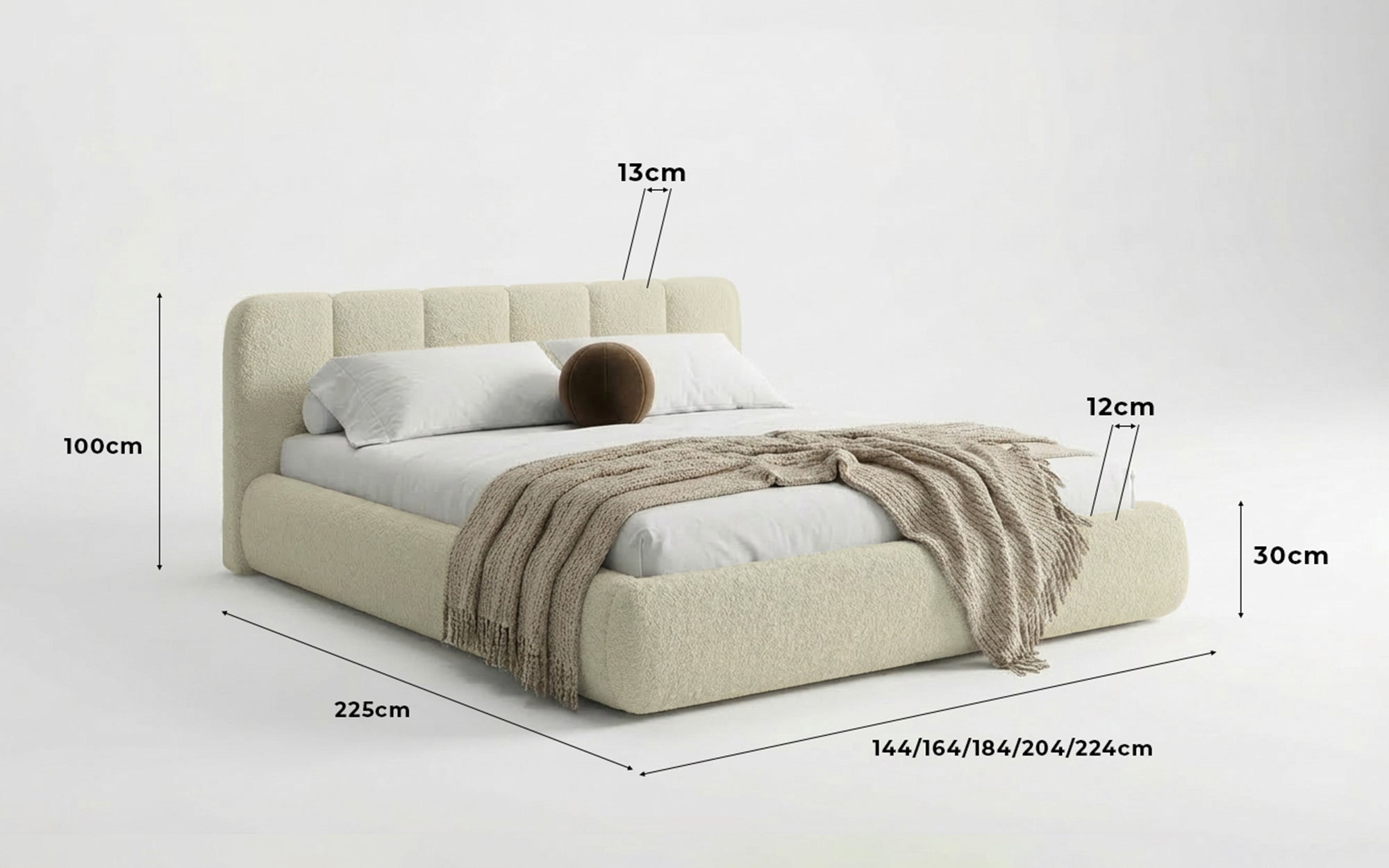 Designer-Polsterbett Avelo am Bouclé mat Späicherplaz