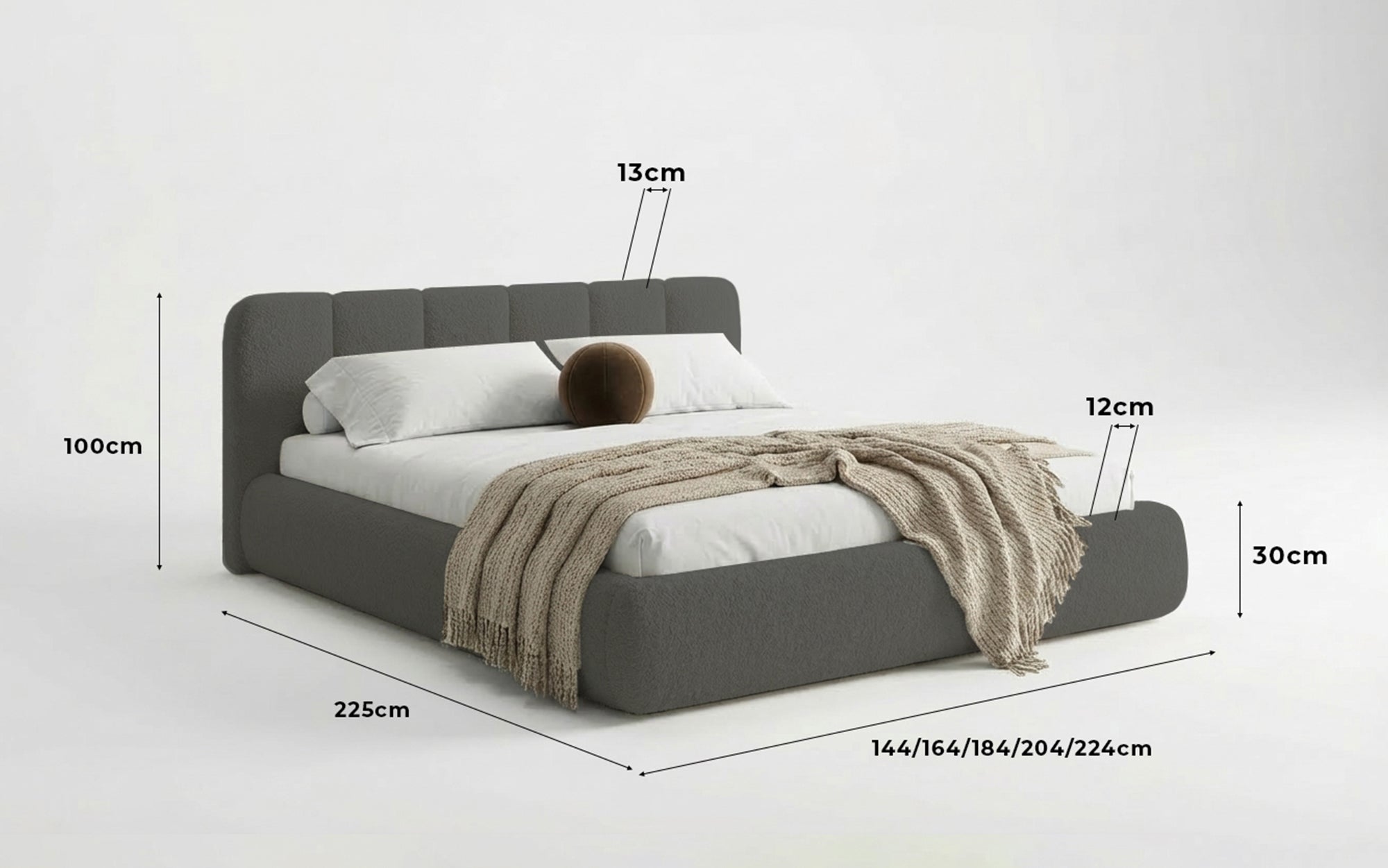 Designer-Polsterbett Avelo am Bouclé mat Späicherplaz