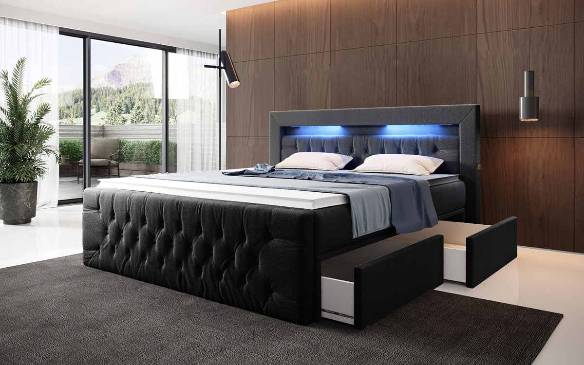 Boxspringbett Menzogna Bouclé mat LED an Späicherplaz (2 Schubladen)