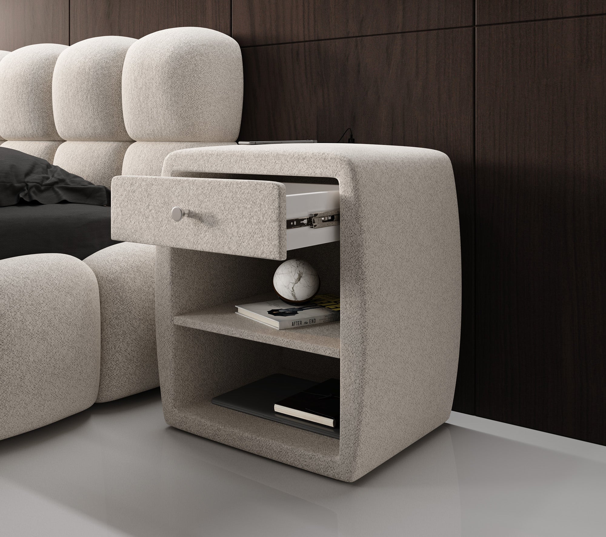 Designer Nachttisch Lilly mit USB Anschluss in Strukturstoff