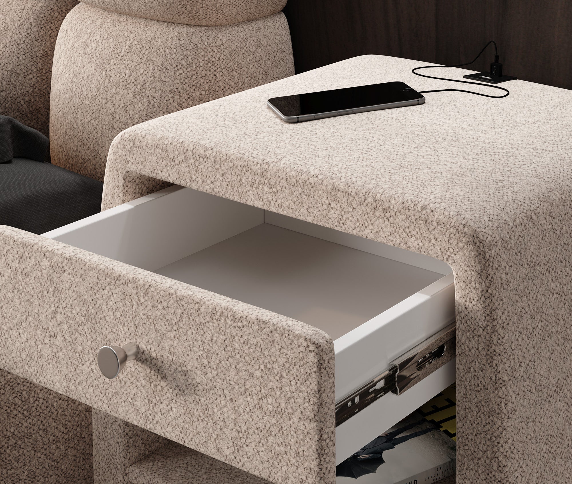 Designer Nachttisch Lilly mit USB Anschluss in Strukturstoff