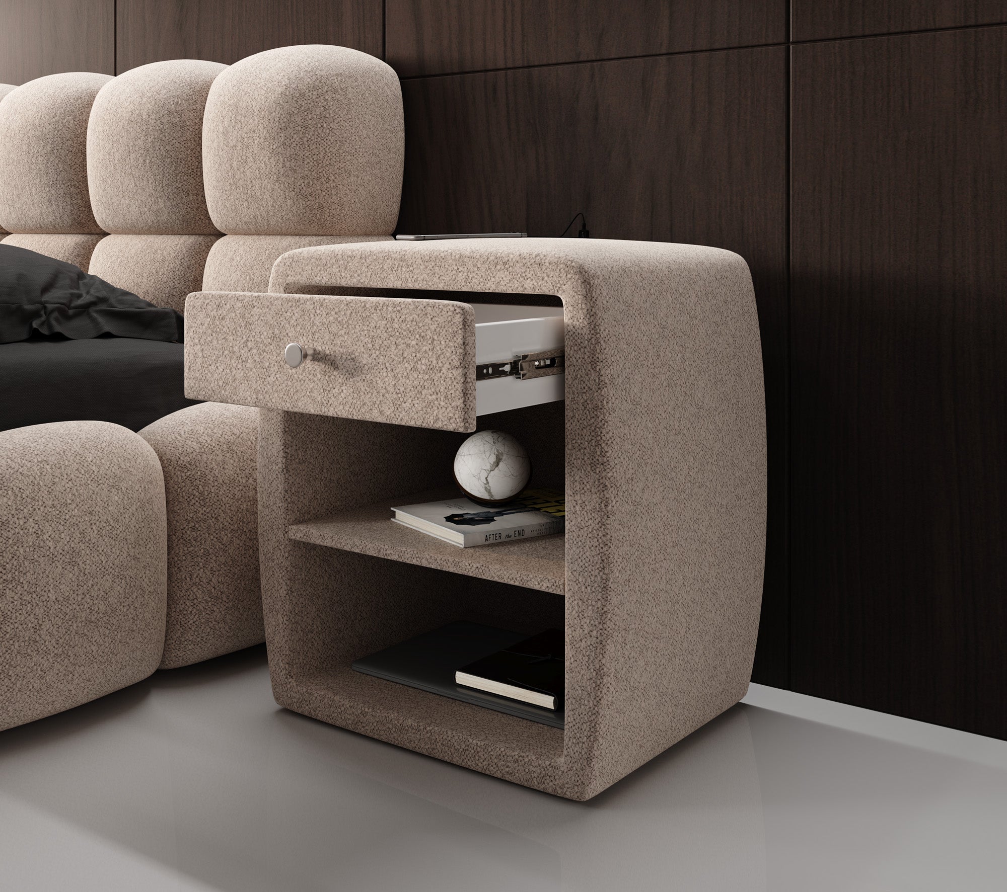 Designer Nachttisch Lilly mit USB Anschluss in Strukturstoff