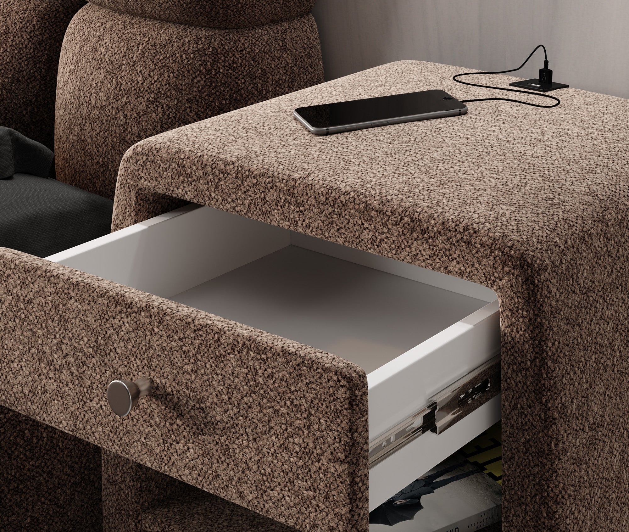 Designer Nachttisch Lilly mit USB Anschluss in Strukturstoff