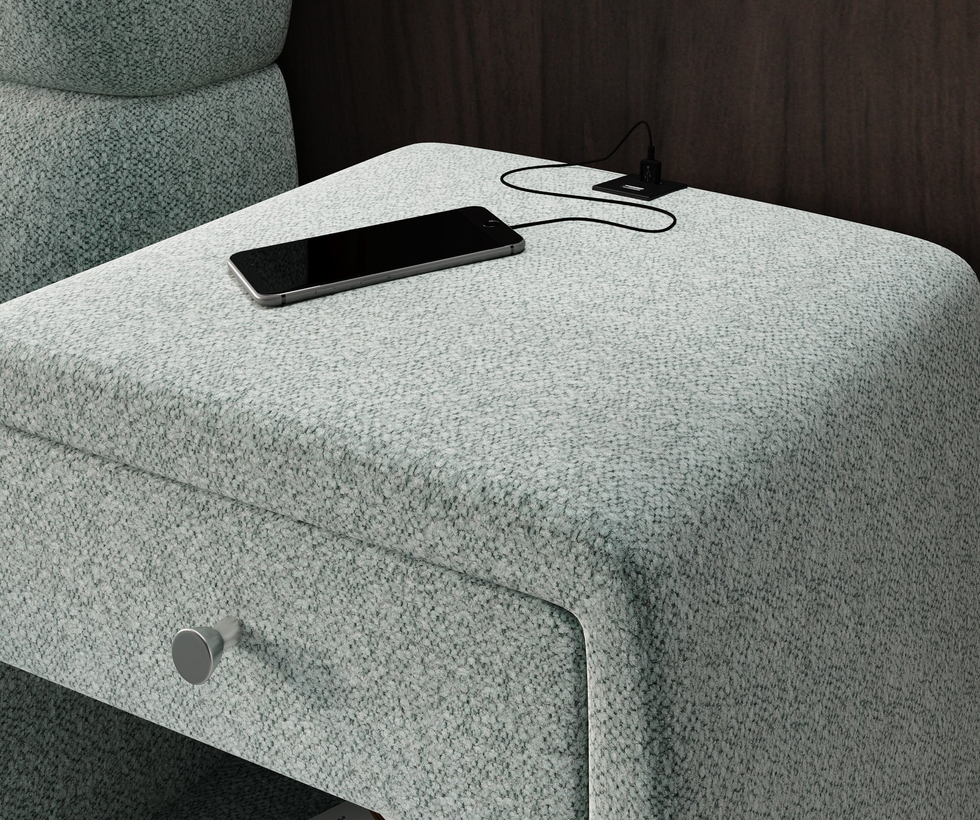 Designer Nachttisch Lilly mit USB Anschluss in Strukturstoff