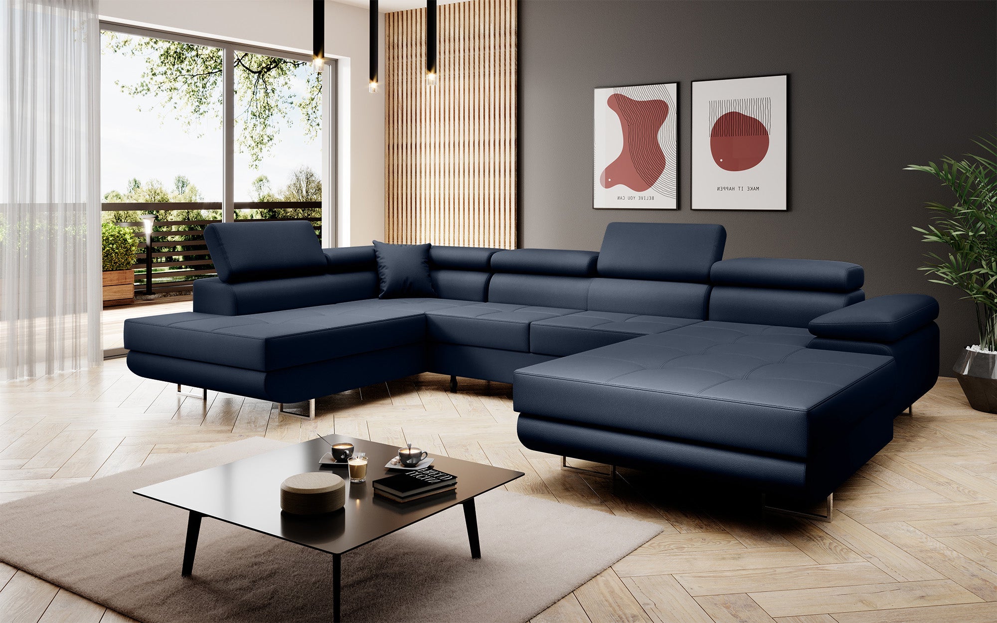 Designer Sofa Lago mat Schloof- an Zouschloof-Funktioun a Kënschtlechem Lieder