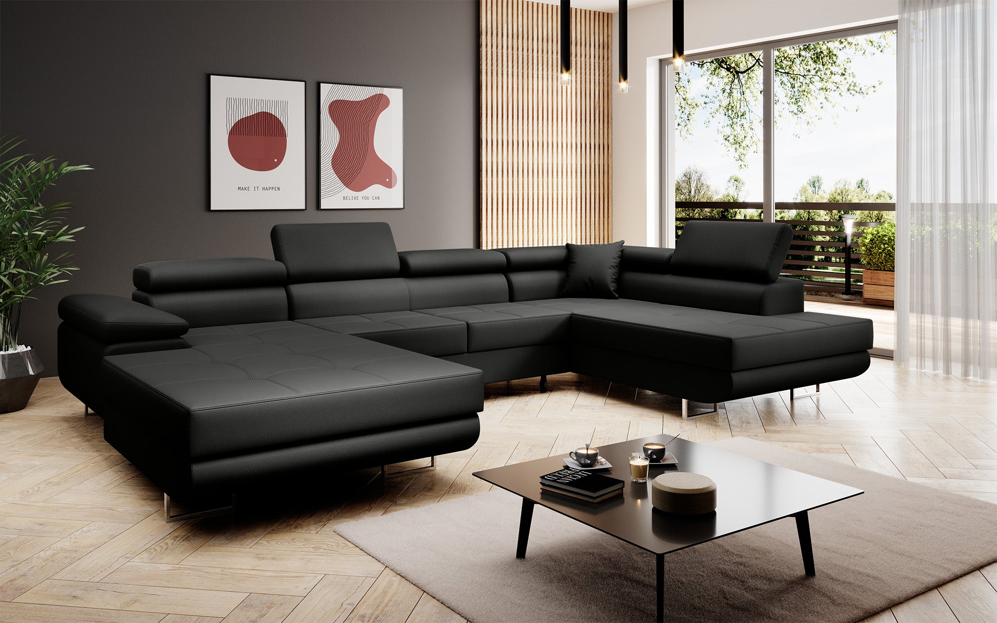 Designer Sofa Lago mat Schloof- an Zouschloof-Funktioun a Kënschtlechem Lieder
