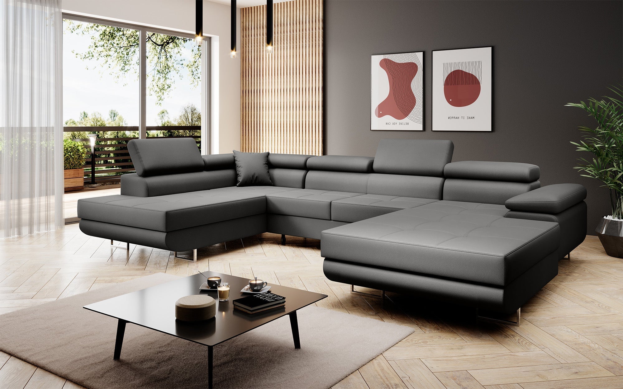 Designer Sofa Lago mat Schloof- an Zouschloof-Funktioun a Kënschtlechem Lieder