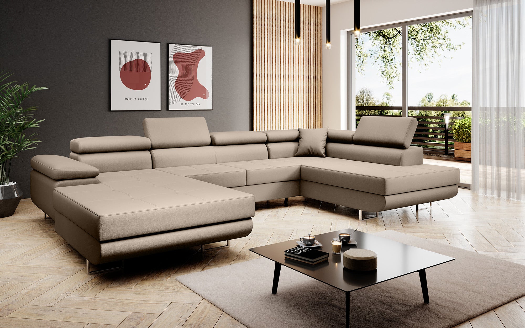 Designer Sofa Lago mat Schloof- an Zouschloof-Funktioun a Kënschtlechem Lieder