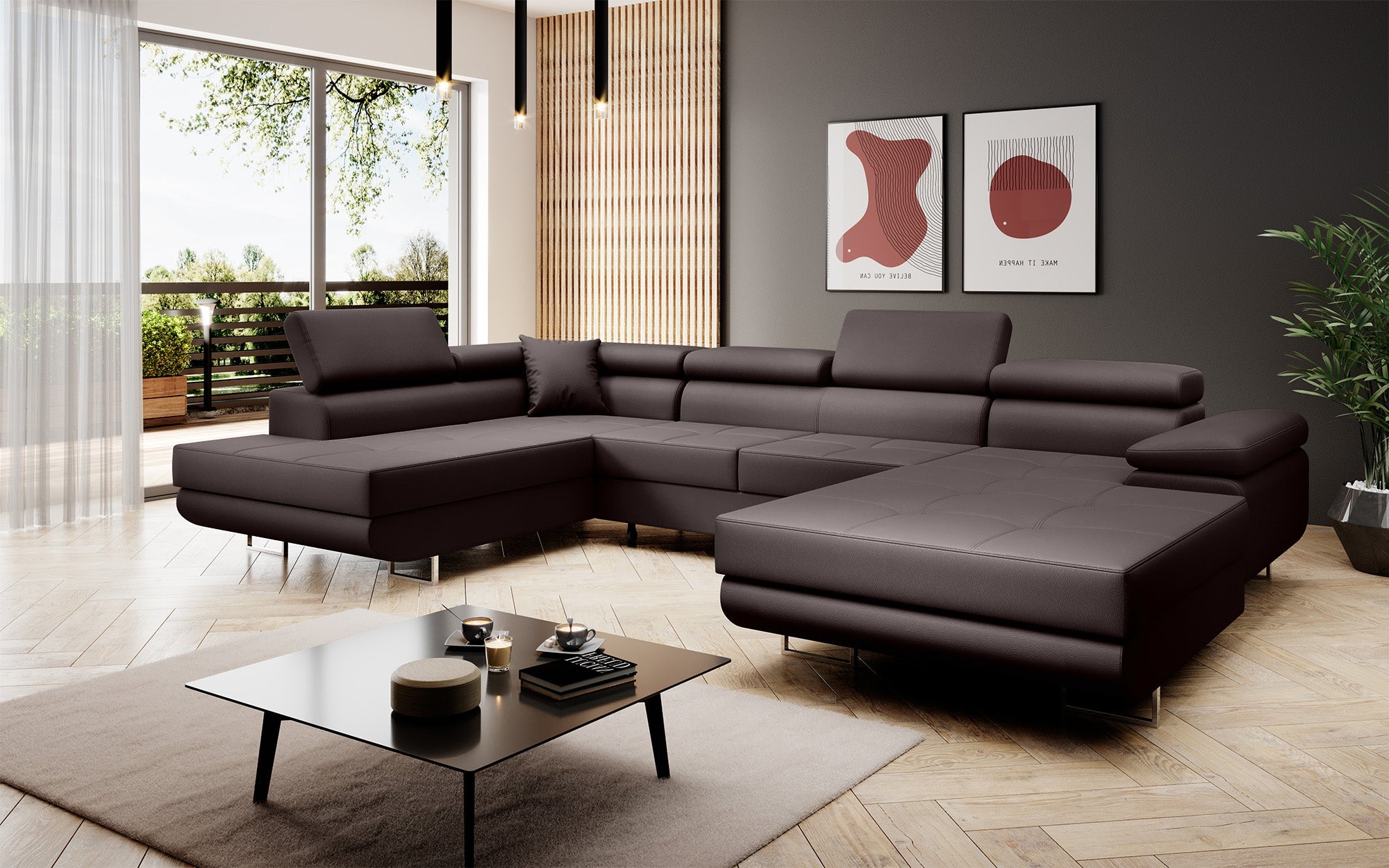 Designer Sofa Lago mat Schloof- an Zouschloof-Funktioun a Kënschtlechem Lieder