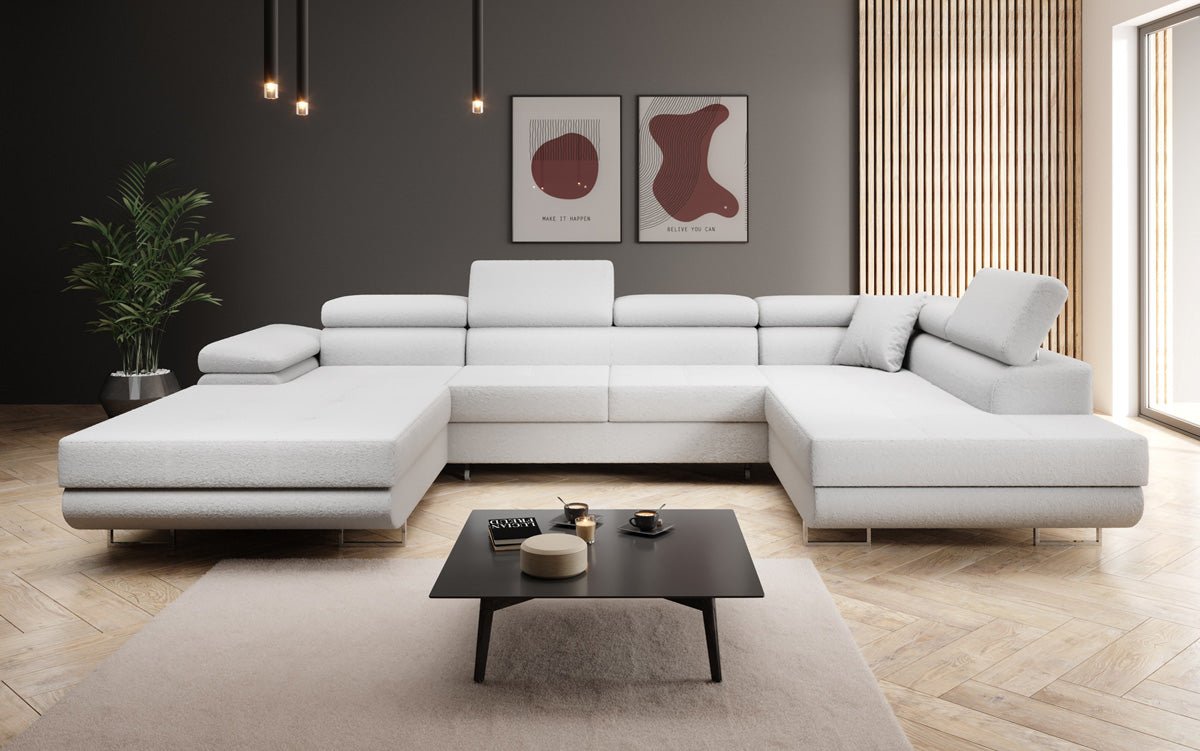 Designer Sofa Lago mat Schlof- a Klappfunktioun a Bouclé