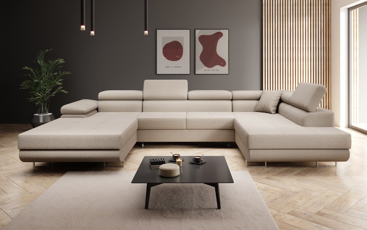 Designer Sofa Lago mat Schlof- a Klappfunktioun a Bouclé