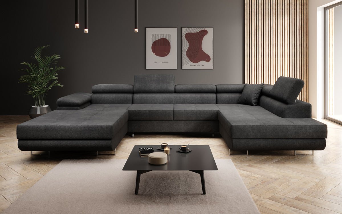 Designer Sofa Lago mat Schlof- a Klappfunktioun a Bouclé