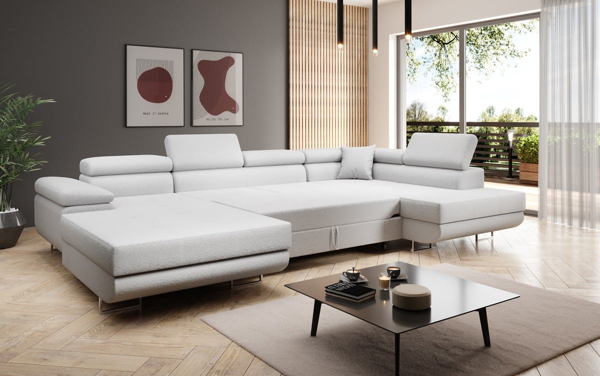 Designer Sofa Lago mat Schlof- a Klappfunktioun a Bouclé