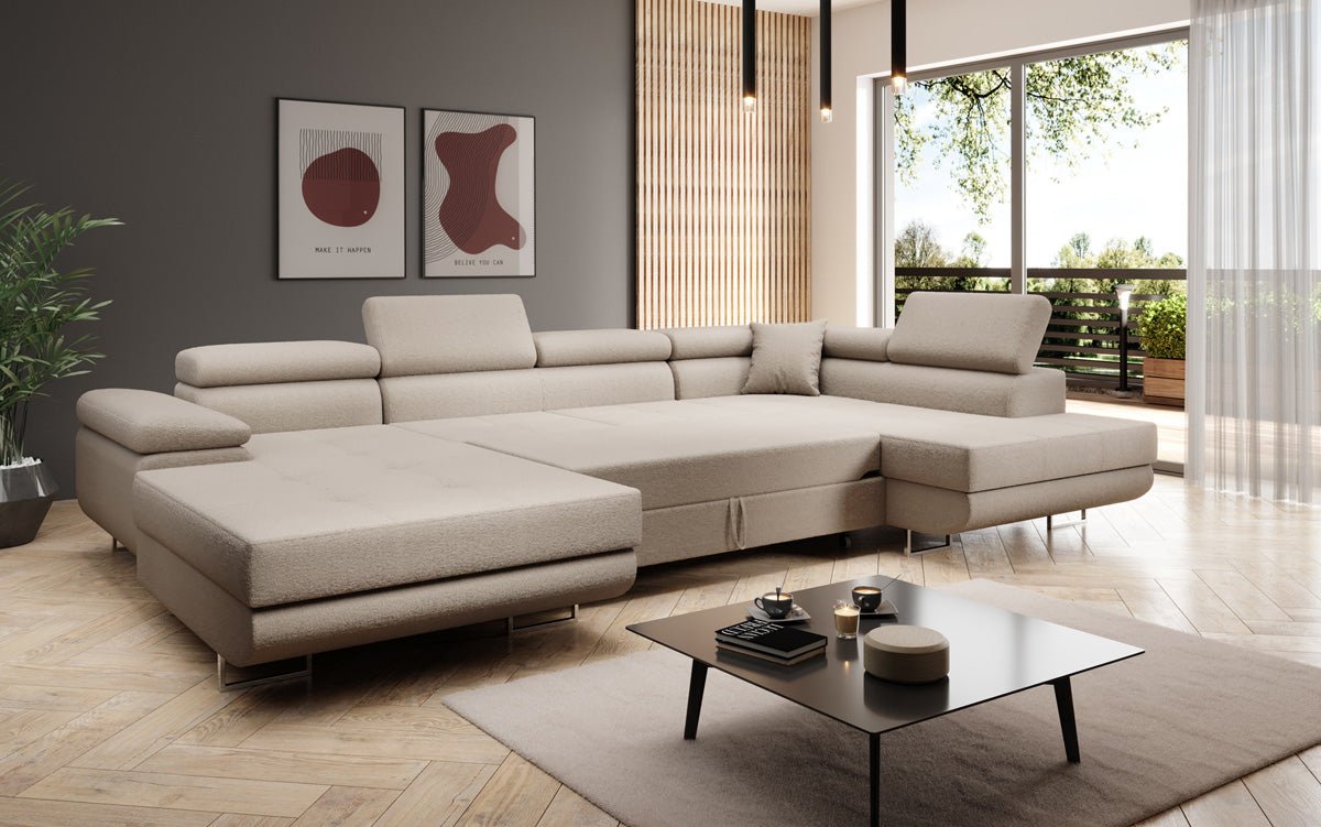 Designer Sofa Lago mat Schlof- a Klappfunktioun a Bouclé