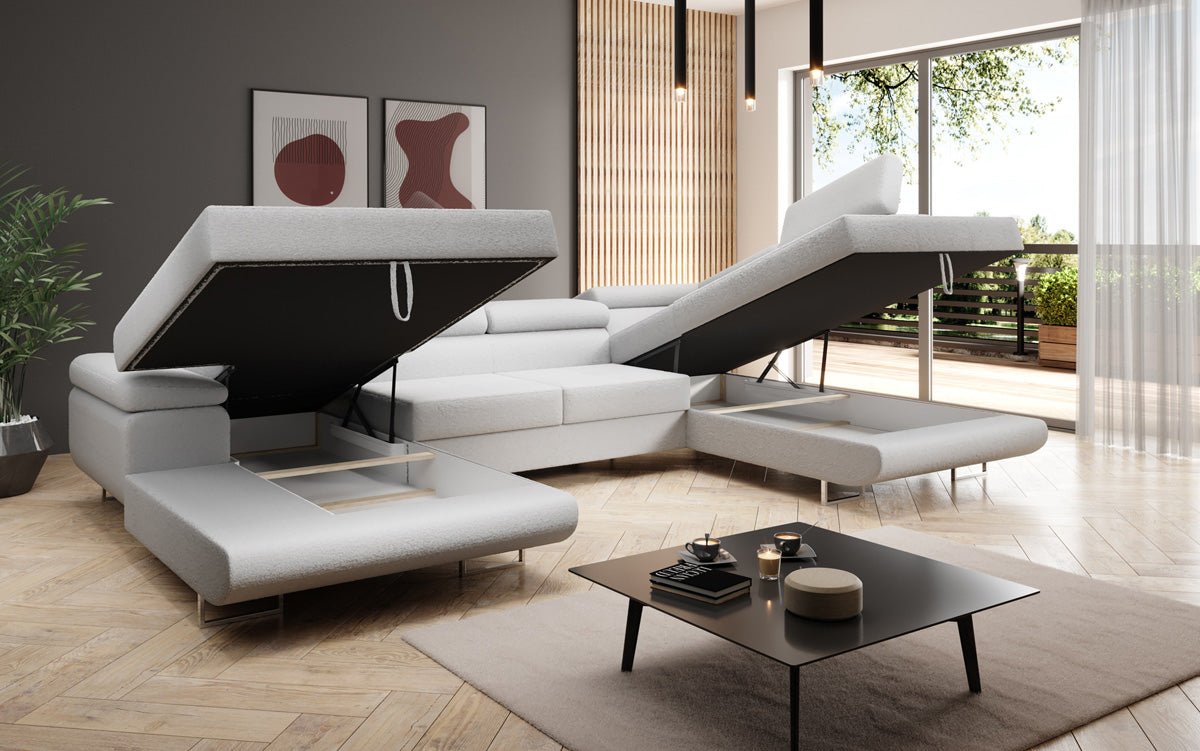 Designer Sofa Lago mat Schlof- a Klappfunktioun a Bouclé