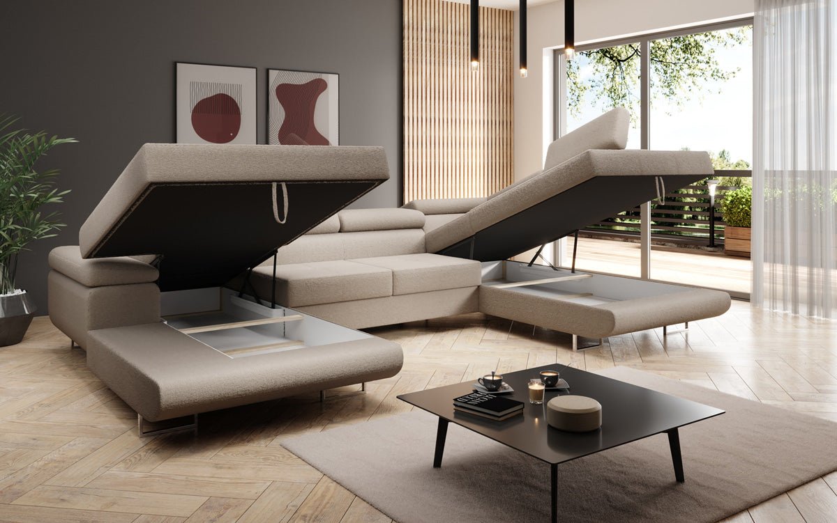 Designer Sofa Lago mat Schlof- a Klappfunktioun a Bouclé