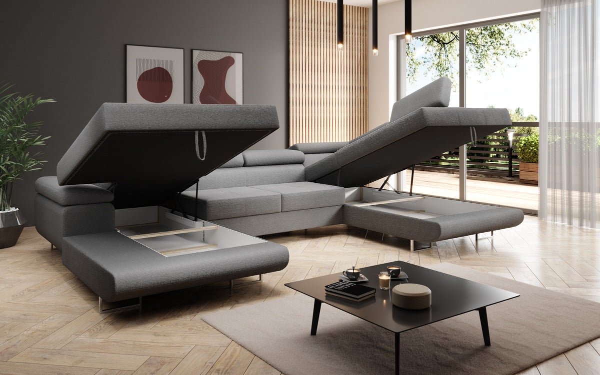 Designer Sofa Lago mat Schlof- a Klappfunktioun a Bouclé