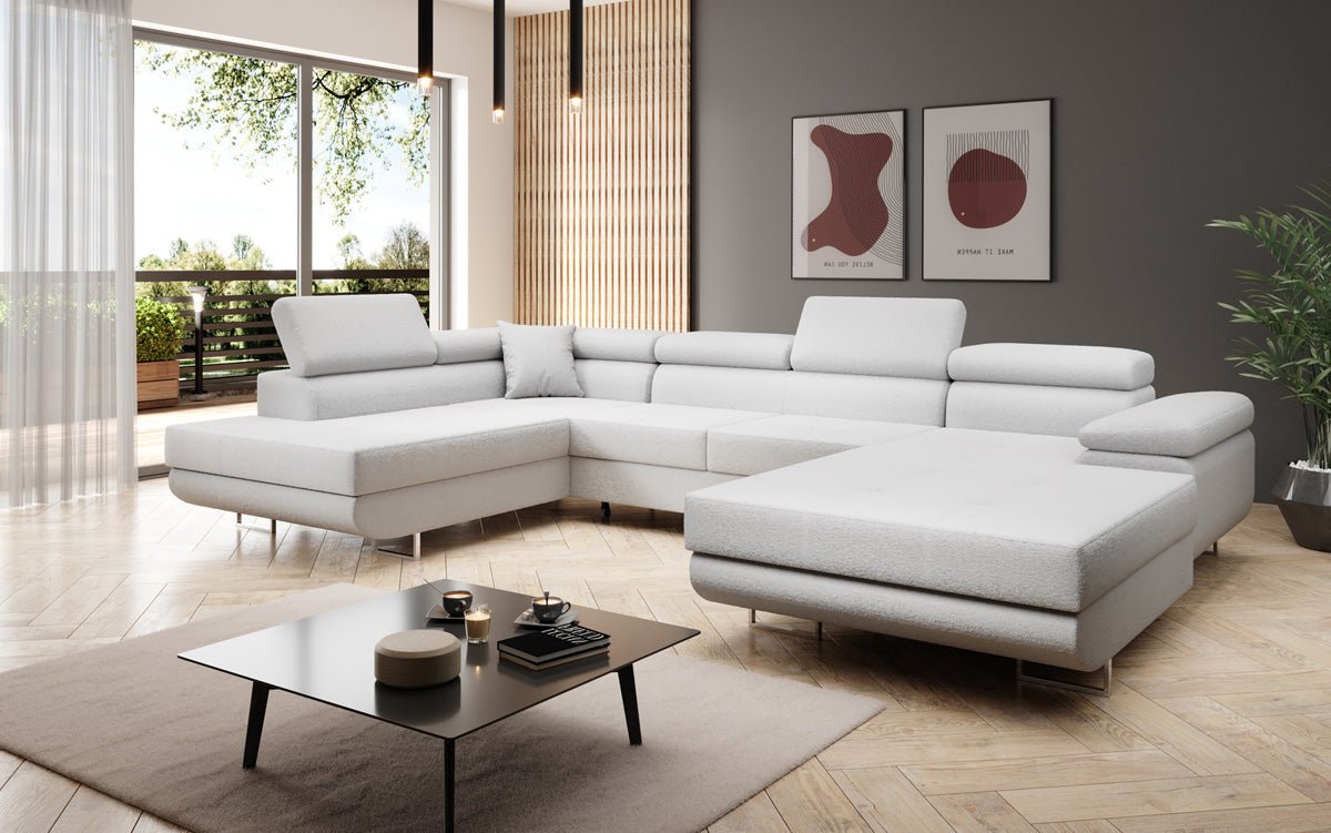 Designer Sofa Lago mat Schlof- a Klappfunktioun a Bouclé