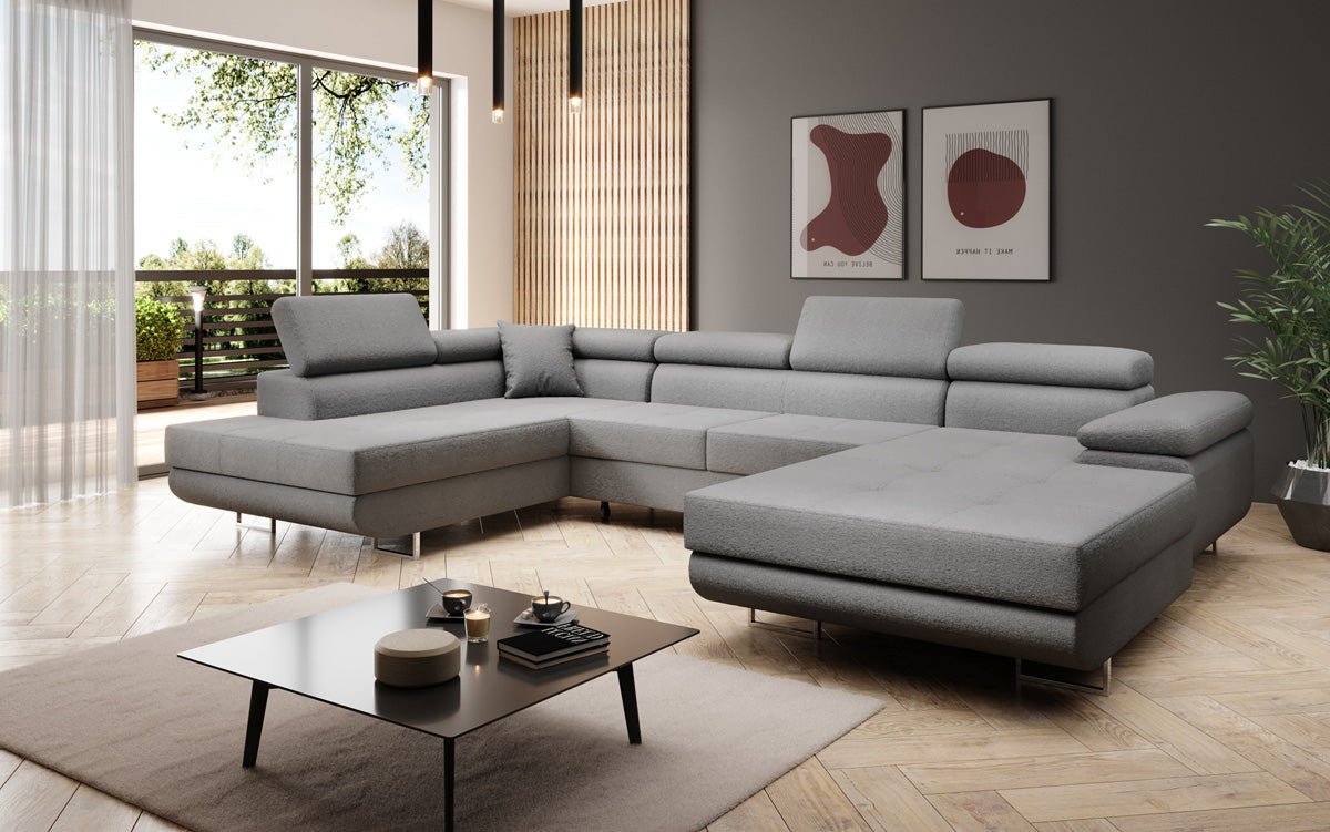 Designer Sofa Lago mat Schlof- a Klappfunktioun a Bouclé