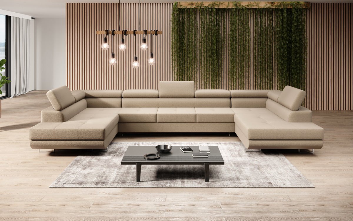 Designer Sofa Taormina mat Schlof- a Klappfunktioun a Bouclé