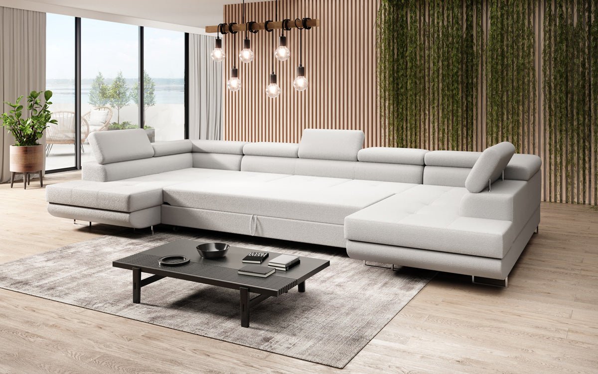 Designer Sofa Taormina mat Schlof- a Klappfunktioun a Bouclé