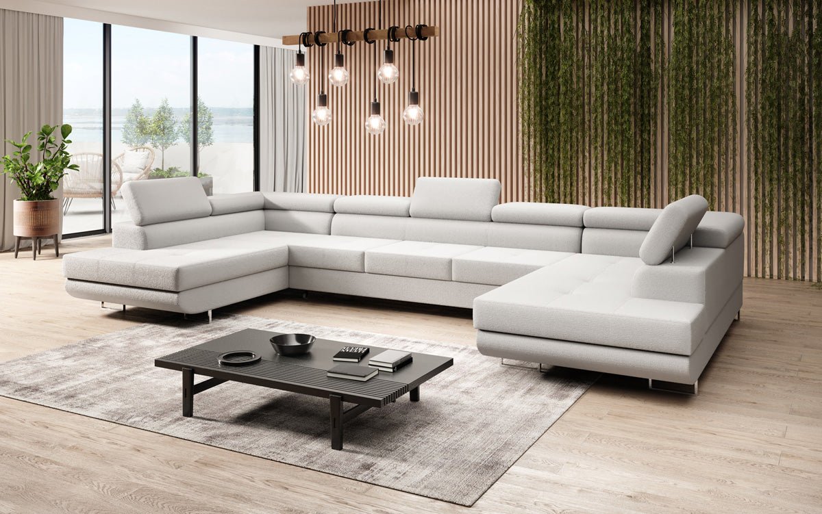 Designer Sofa Taormina mat Schlof- a Klappfunktioun a Bouclé