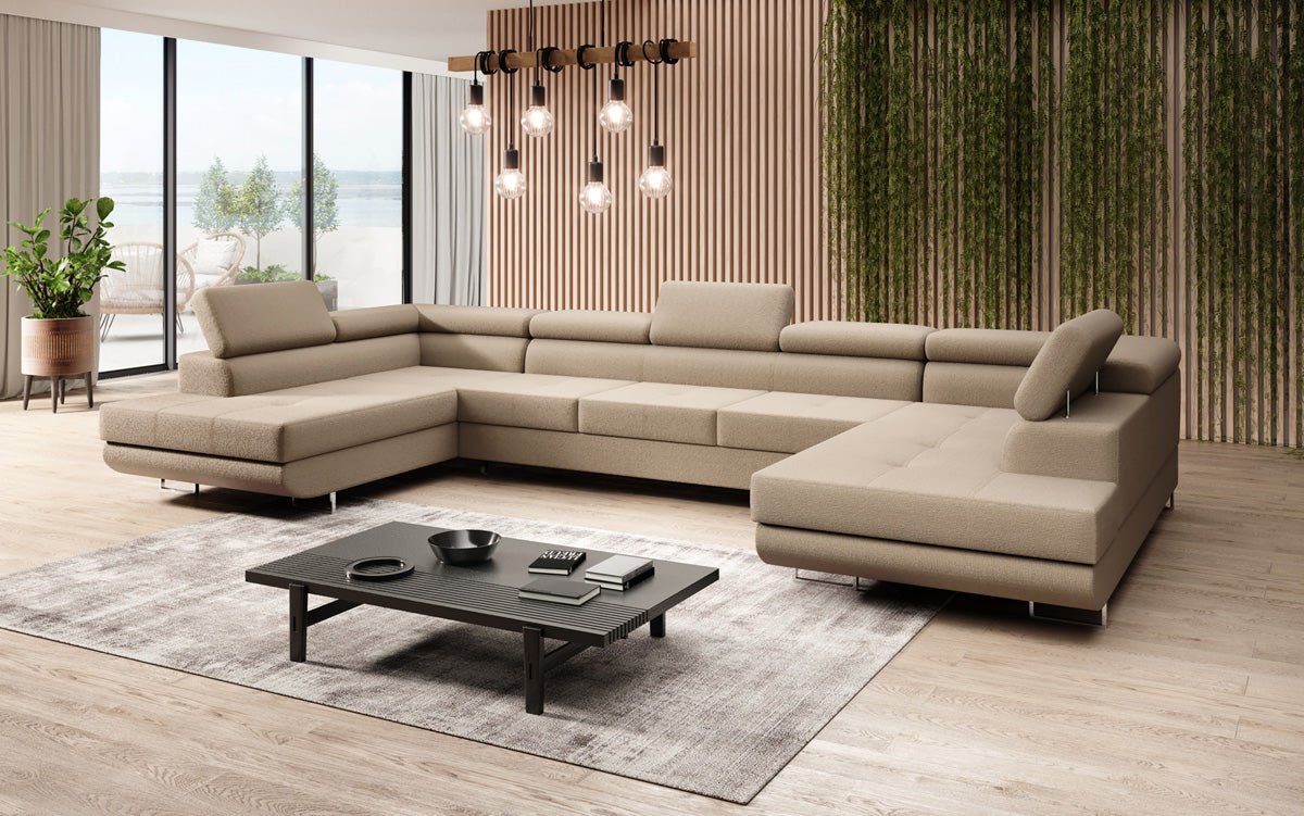 Designer Sofa Taormina mat Schlof- a Klappfunktioun a Bouclé