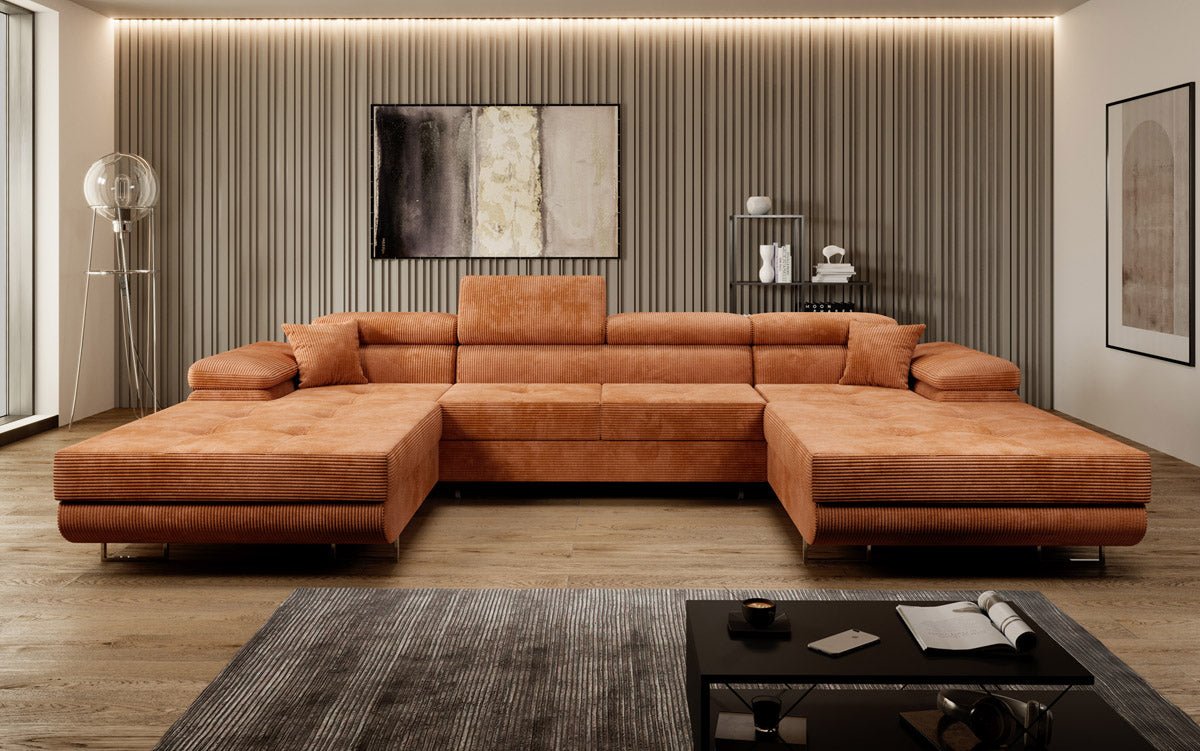 Designer Sofa Calvera U mat Schlof- a Klapfunktioun a Kord