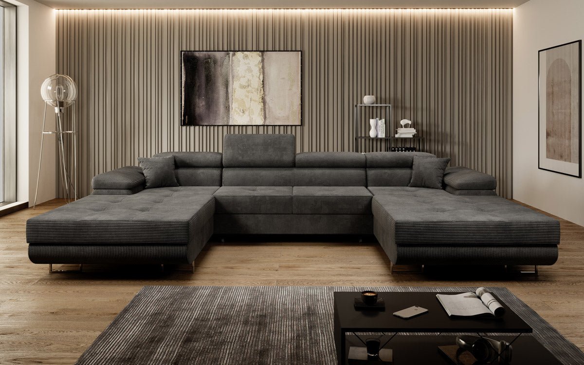 Designer Sofa Calvera U mat Schlof- a Klapfunktioun a Kord