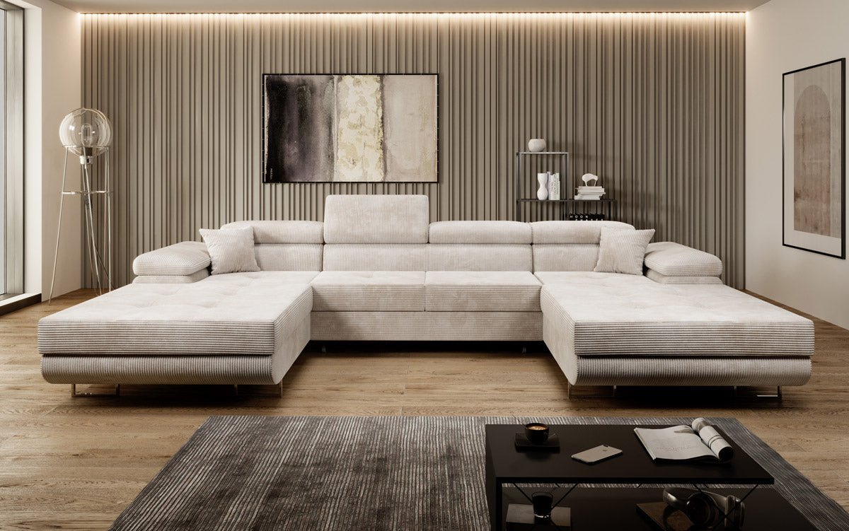 Designer Sofa Calvera U mat Schlof- a Klapfunktioun a Kord